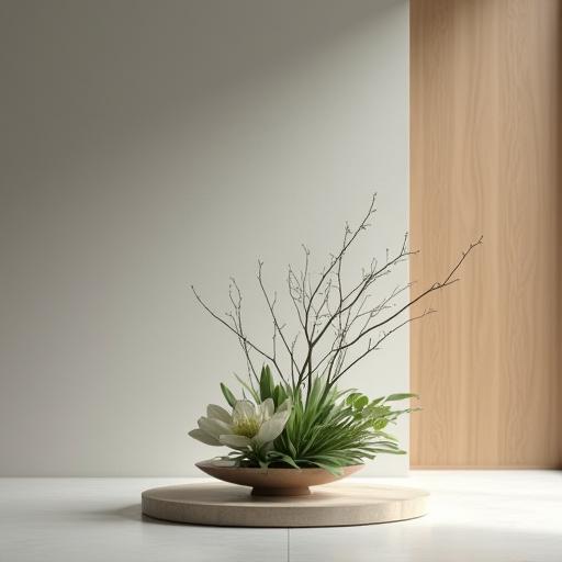 ミニマリストな空間に飾られた生け花