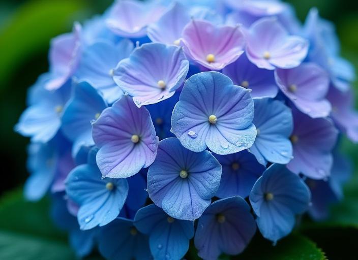 雨露に濡れる美しい紫陽花（アジサイ）のクローズアップ